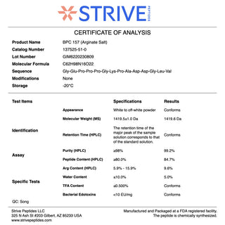 Certificate of Analysis for BPC-157 by Strive Peptides
